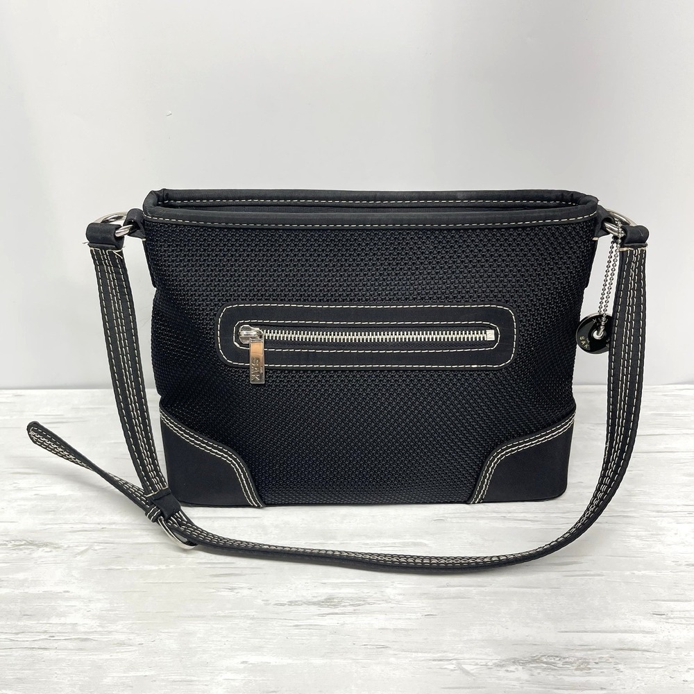The Sak Black Woven Small Textured White Stitching Shoulder Bag Adjustable Strap